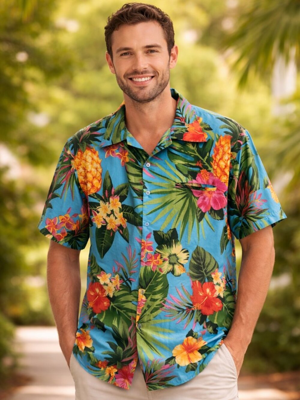 King Kameha Hawaiian Shirt 2XL Blue Tropical Floral Button Up Aloha